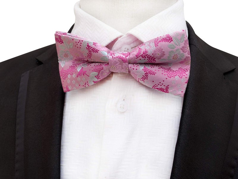 Elfeves Mens Women Boys Pink White Floral Jacquard Silk Bow Tie Pocket Square Set Formal Designer Self Necktie - Image 4